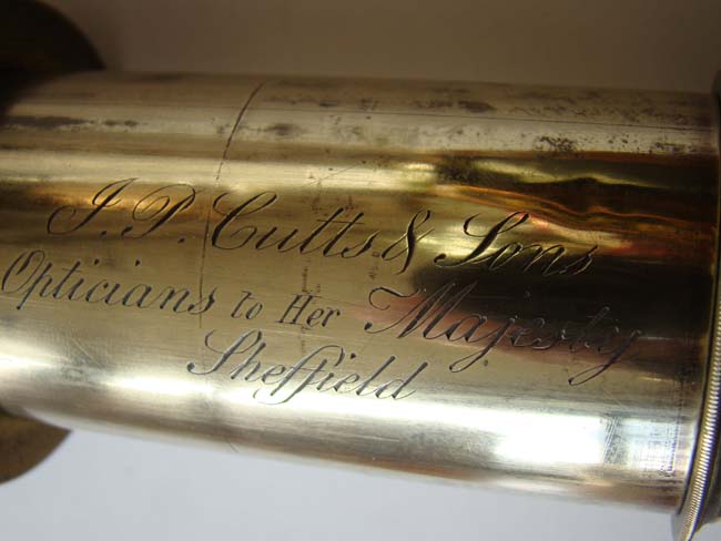 A fine large single draw Antique Telescope signed "J.P. Cutts & Sons, Opticians to Her Majesty, Sheffield," circa 1851. — image 2
